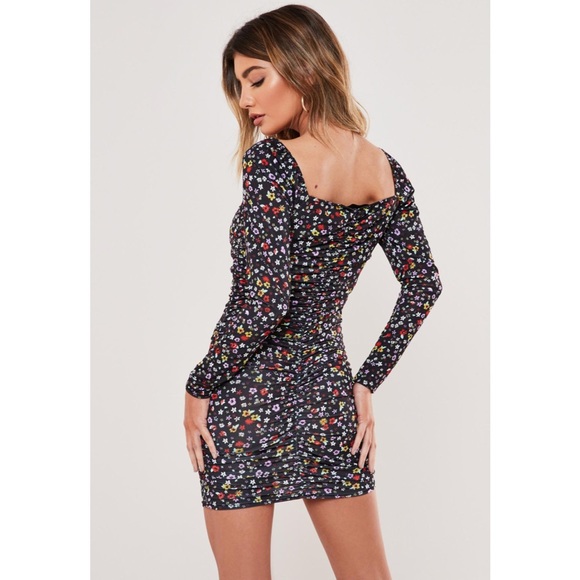 ✨ 3/$20 Black floral slinky lace up ruched mini dress - Picture 2 of 4